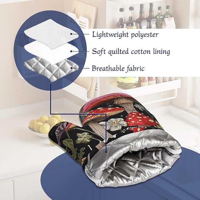 Mushroom Forest Oven Mitts and Pot Holders Cute Snail Wildflowers Silicone Kitchen Accessories Set of 4 Heat Resistant Non-Slip Long Gloves Potholder for Chef Cooking Baking Gifts Women Men