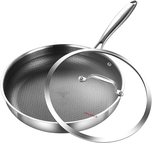 DELARLO Tri-Ply Stainless Steel Pan, 18/10 Frying Pan, Oven Safe Up to 600°F, Nontoxic Cookware, Compatible with All Cooktops Skillet, Durable, Fast Even Heat Fry Pan,12" Hybird Pan by DELARLOCOOKWARE