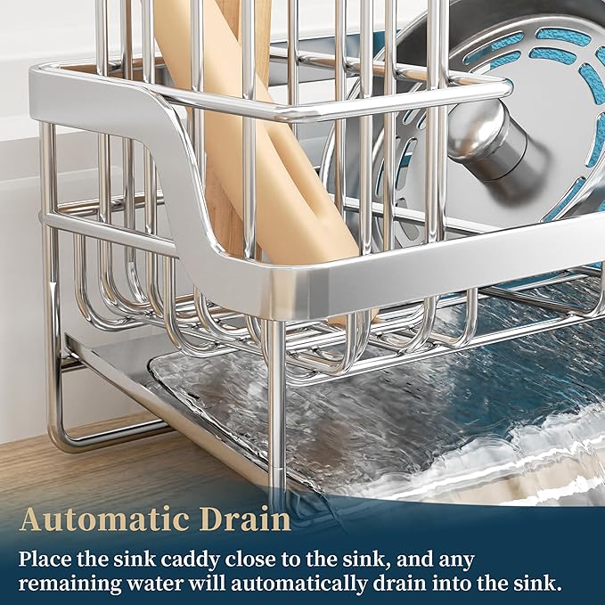 Consumest Sponge Holder for Kitchen Sink - Sink Caddy with Stainless Steel Self Drain Tray, Sink Organizer with High Brush Holder Countertop for Kitchen Sink Accessories, Silver - Image 2