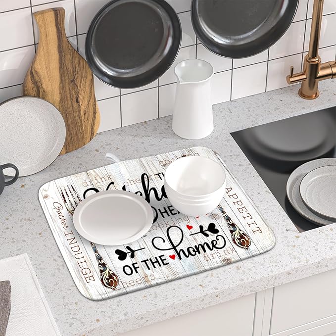Giwawa 16"x18" Dish Drying Mat The Kitchen is The Heart of The Home- Knife Fork Cutlery Dish Drainer Mats- Rustic Wood Board Reversible Microfiber Dish Drying Pad for Kitchen Countertop Decor