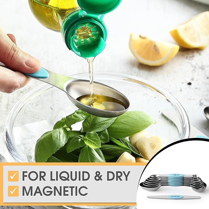 Spring Chef Stainless Steel Magnetic Measuring Spoons Set of 8 with Leveler, Nesting Metal Teaspoon & Tablespoon Measuring Spoons, Fits in Spice Jars, Kitchen Gadgets for Baking & Cooking - Aqua Sky - Image 5