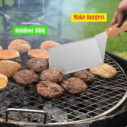 Wooden Metal Spatulas 2Pcs, HaSteeL Professional Griddle Spatula Tools Set, Hamburger Turner Pancake Flipper Perfect for Teppanyaki Flat Top BBQ Grilling Kitchen Cooking Indoor & Outdoor - 2 Hooks
