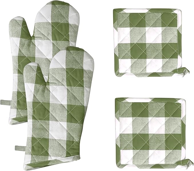 Native Fab Buffalo Plaid Check Oven Mitts and Pot Holders Set of 4, 100% Cotton Heat Resistant Kitchen Gloves, 2 Oven Mitts (7x13), 2 Pot Holders (8x8) for Cooking & Baking, Mint Green White by NativeFab