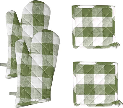Native Fab Buffalo Plaid Check Oven Mitts and Pot Holders Set of 4, 100% Cotton Heat Resistant Kitchen Gloves, 2 Oven Mitts (7x13), 2 Pot Holders (8x8) for Cooking & Baking, Mint Green White by NativeFab