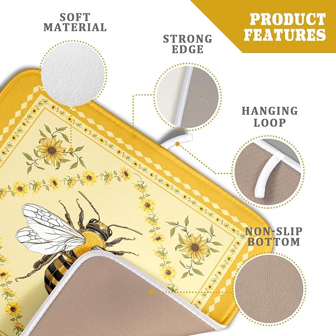 Giwawa Sunflower Bee Dish Drying Mat, Summer Rustic Sunshine Floral Dish Drainer Mats, Yellow Farmhouse Absorbent Reversible Small Dish Drying Pad Decor for Kitchen Countertop, 16x18inches