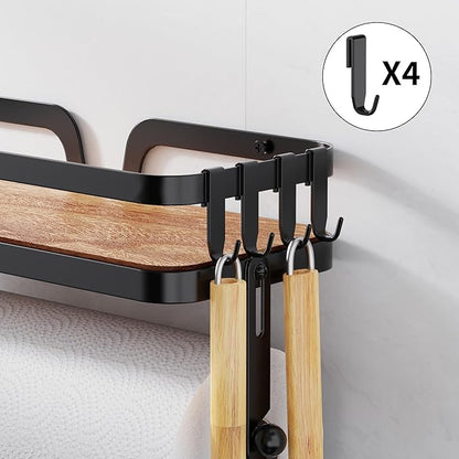 Taozun Paper Towel Holder Wall Mount, Kitchen Paper Holder Spice Rack Black Paper Towel Roll Holder RV Paper Towel Rack with 4 Hooks(2 Installation Methods - Self-Adhesive and Drilling)
