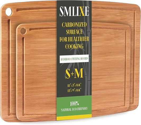 Bamboo Cutting Boards for Kitchen [Set of 2],Carbonized Wood Cutting Board Set with Deep Juice Groove for Chopping Meat, Vegetables, Fruits, Nuts,Lightweight & Durable,Ideal Kitchen Gift by smlixe