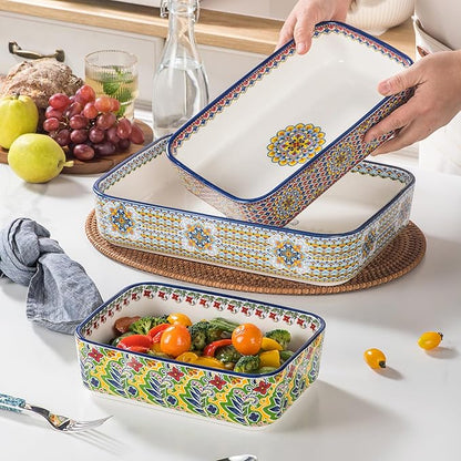 Casserole Dishes for Oven, Ceramic Baking Dishes Set of 3, Rectangular Lasagna Pans, Ceramic Bakeware Set for Baking, Roasting and Serving - Boho Style - Image 8