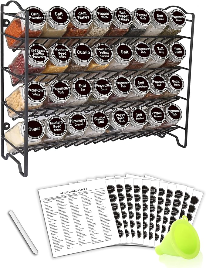SWOMMOLY Spice Rack Organizer with 32 Glass Spice Jars, 396 Spice Labels, Chalk Marker and Funnel Complete Set, for Cabinet, Countertop, Cupboard or Wall Mount, Black by SWOMMOLY