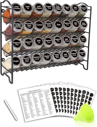 SWOMMOLY Spice Rack Organizer with 32 Glass Spice Jars, 396 Spice Labels, Chalk Marker and Funnel Complete Set, for Cabinet, Countertop, Cupboard or Wall Mount, Black by SWOMMOLY