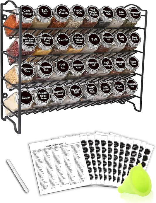 SWOMMOLY Spice Rack Organizer with 32 Glass Spice Jars, 396 Spice Labels, Chalk Marker and Funnel Complete Set, for Cabinet, Countertop, Cupboard or Wall Mount, Black by SWOMMOLY