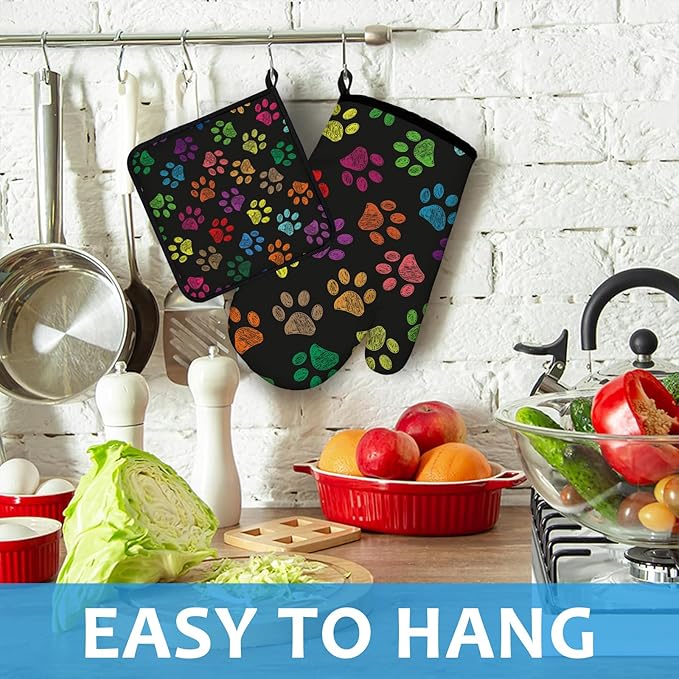 Colorful Paw Print Oven Mitts and Pot Holders Sets Heat Resistant 4Pcs Potholders Oven Gloves Hot Pads for Kitchen Baking Cooking Grilling BBQ