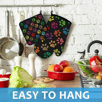 Colorful Paw Print Oven Mitts and Pot Holders Sets Heat Resistant 4Pcs Potholders Oven Gloves Hot Pads for Kitchen Baking Cooking Grilling BBQ