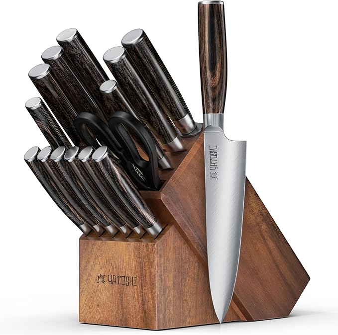 Yatoshi 15 Piece Knife Block Set - Pro Kitchen Knife Set Ultra Sharp High Carbon Stainless Steel with Ergonomic Handle, New by YatoshiKnives