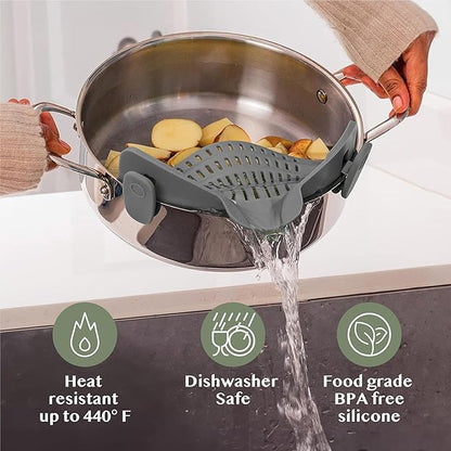 2 Pack Kitchen Gizmo Snap-On Strainer - Silicone Clip-On Strainer for Pots and Pans - Collapsible Design - Heat Resistant Colander for Vegetables and Noodles - Ideal for Rice, Grains - Green/Grey - Image 5