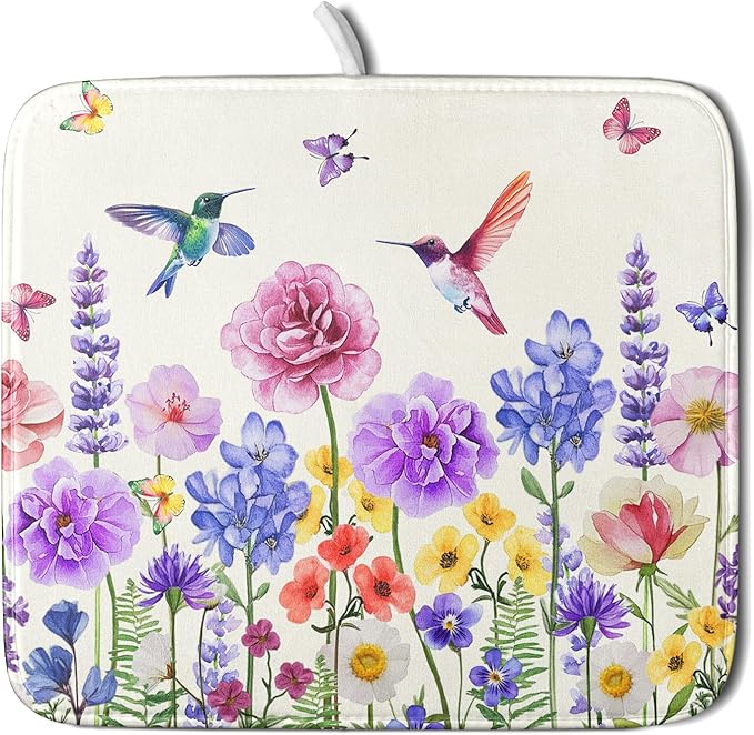 Giwawa Hummingbird Flower Dish Drying Mat 16x18 inch Watercolor Spring Herb Floral Dish Drainer Mats Wildflower Plant Reversible Microfiber Dish Drying Pad for Kitchen Countertop Small Decor