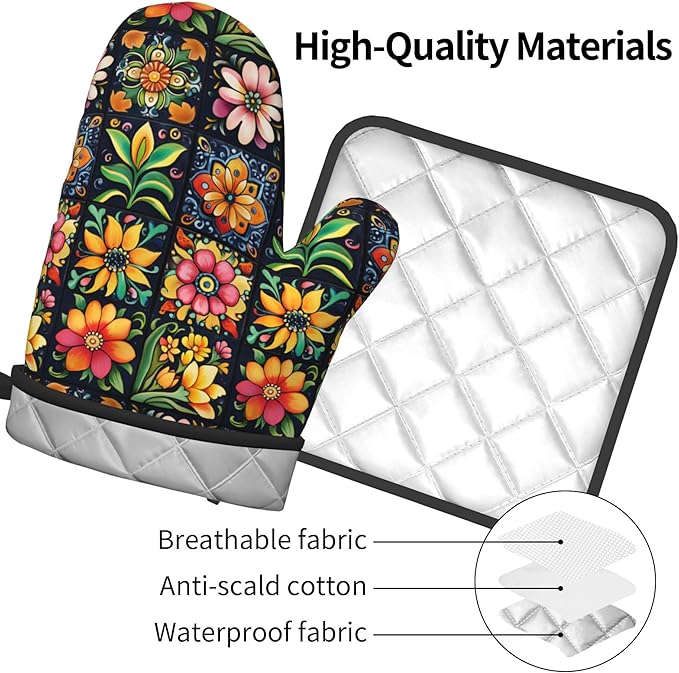 Mexican Oven Mitts and Pot Holders - Colorful Flowers Kitchen Mitt Sets of 2 Boho Oven Gloves Hot Pads for Cooking Baking Grilling - Image 4