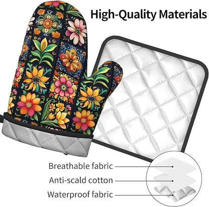 Mexican Oven Mitts and Pot Holders - Colorful Flowers Kitchen Mitt Sets of 2 Boho Oven Gloves Hot Pads for Cooking Baking Grilling - Image 4