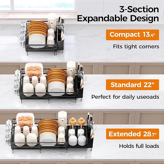 Delamu Stainless Steel Dish Drying Rack, Expandable Dish Drainer, Anti-Rust Large Dish Racks for Kitchen Counter, Dish Strainers with Drainboard, Utensil & Cup Holder, 13.4"-28.7" L x 11.8" W, Black - Image 2