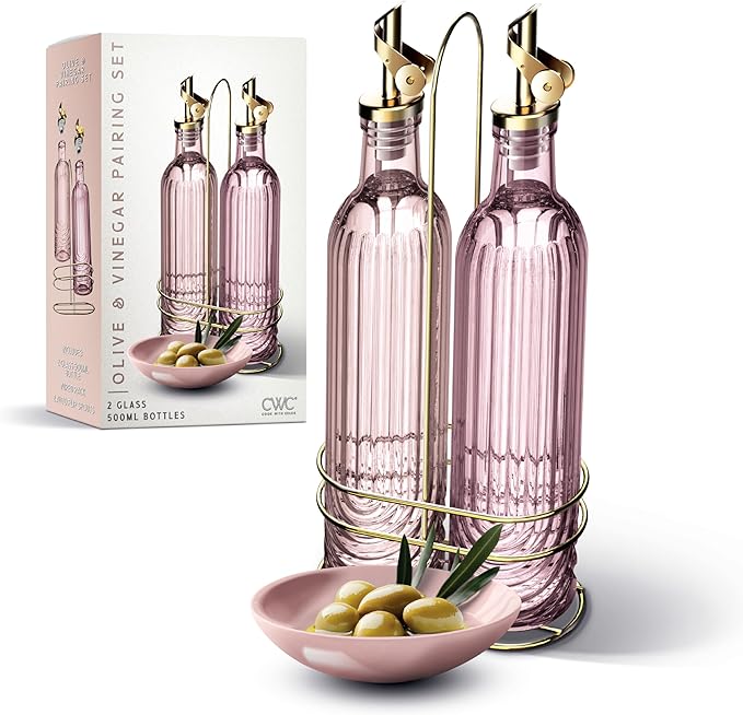COOK WITH COLOR Glass Olive Oil Bottle Dispenser - 2 Pack- 17oz Oil and Vinegar Cruet - Olive Oil Carafe Decanter for Kitchen, Elegant Fluted, Pink by CookwithColor