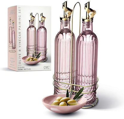 COOK WITH COLOR Glass Olive Oil Bottle Dispenser - 2 Pack- 17oz Oil and Vinegar Cruet - Olive Oil Carafe Decanter for Kitchen, Elegant Fluted, Pink by CookwithColor