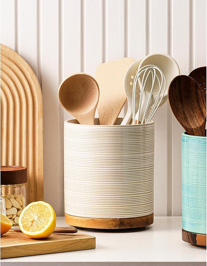 Utensil Holder, 360° Rotating Extra Large Ceramic Kitchen Utensil Holder for Countertop, 7.3“ Cooking Utensil Crocks for Kitchen Counter with Rotatable Wooden Base, Farmhouse Decor, Arctic White - Image 2