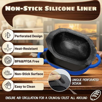 Enameled Cast Iron Oval Bread Oven with Non-Stick Silicone Liner, 2QT, Blue, Mini Oval Homemade Sourdough Dutch Oven with Lid, Artisan Bread Loaf Pan for Homemade Bread Five-Years Free Replacement