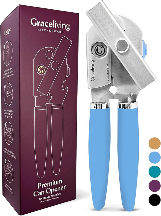 Premium Multifunctional Magnetic Manual Can Opener and Bottle Opener, Heavy Duty Stainless Steel Sharp Cutting Blade and Oversized Easy Turn Knob, Soft-Touch Handle, Kitchen Use, Blue by GracelivingKitchenware