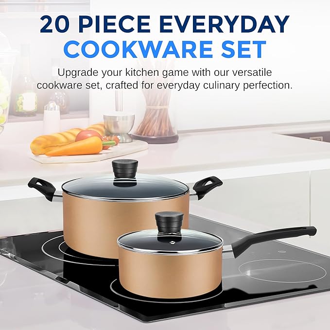 SereneLife 20 pc Basic Kitchenware Set - Durable Non-Stick Pots & Pans with Tempered Glass Lids, Utensils, Knife Set, Gold - SLCW20GLD - Image 2
