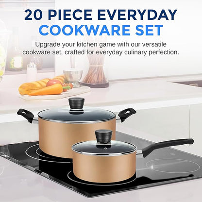 SereneLife 20 pc Basic Kitchenware Set - Durable Non-Stick Pots & Pans with Tempered Glass Lids, Utensils, Knife Set, Gold - SLCW20GLD - Image 2
