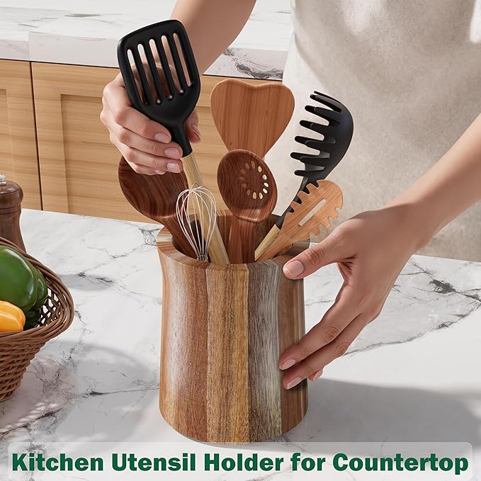 Utensil Holder, Acacia Wood Utensil Holder for Kitchen Counter, 360° Rotating Cooking Utensil Crocks for Countertop, 7.2" Large Utensil Organizer for Spatula Storage - Image 5