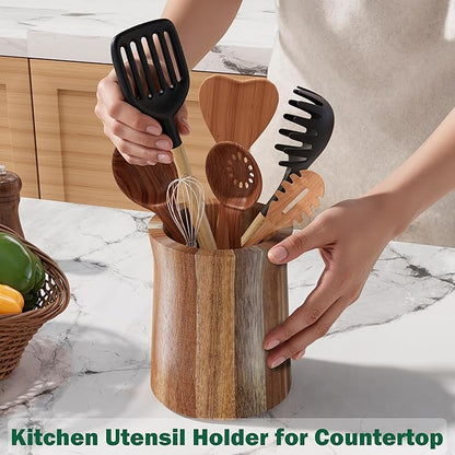 Utensil Holder, Acacia Wood Utensil Holder for Kitchen Counter, 360° Rotating Cooking Utensil Crocks for Countertop, 7.2" Large Utensil Organizer for Spatula Storage - Image 5
