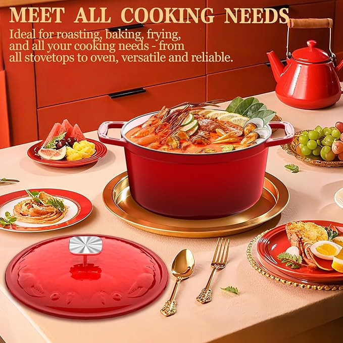 Enameled Cast Iron Dutch Oven - 5 Quart, Exclusive Designed Crab Lid, Oversized Knob, for Bread Baking Braiser Cooking - Red - Image 7