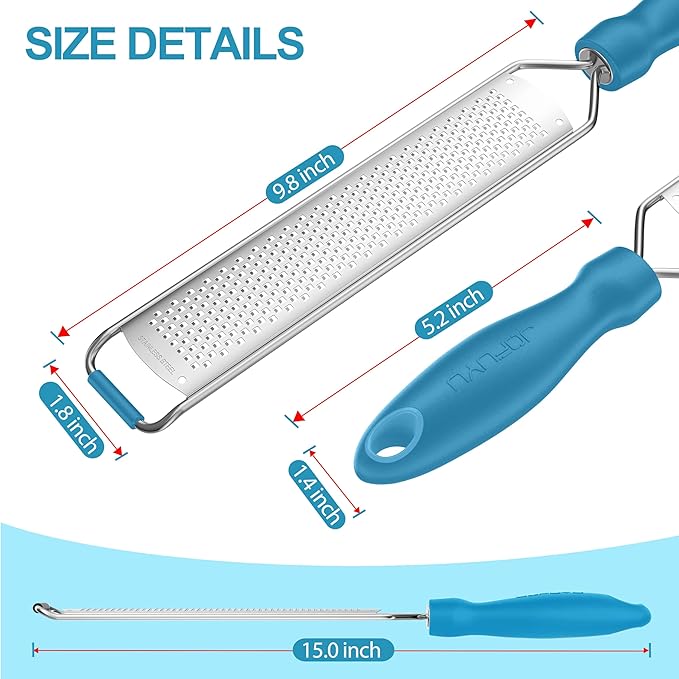 Zester Grater, Lemon Zester Grater with Handle, Premium Stainless Steel Citrus Zester for Parmesan, Garlic, Chocolate, Ginger, Non-Slip Grip, Safety Cover & Cleaning Brush, Blue