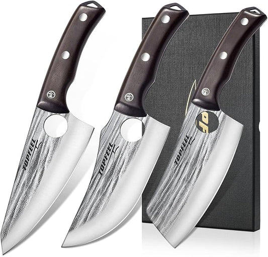 Topfeel 3PCS Butcher Knife Set Hand Forged chef knife Boning Knife, High Carbon Steel Meat Cutting Knives for Kitchen Camping BBQ…