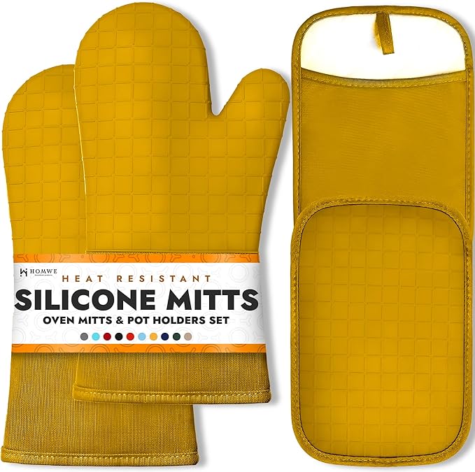 HOMWE Silicone Oven Mitts and Pot Holders for Kitchen & Baking - Set of 4 Heat-Resistant, Heavy-Duty Cooking Mittens w/Non-Slip, Textured Grip by HOMWE
