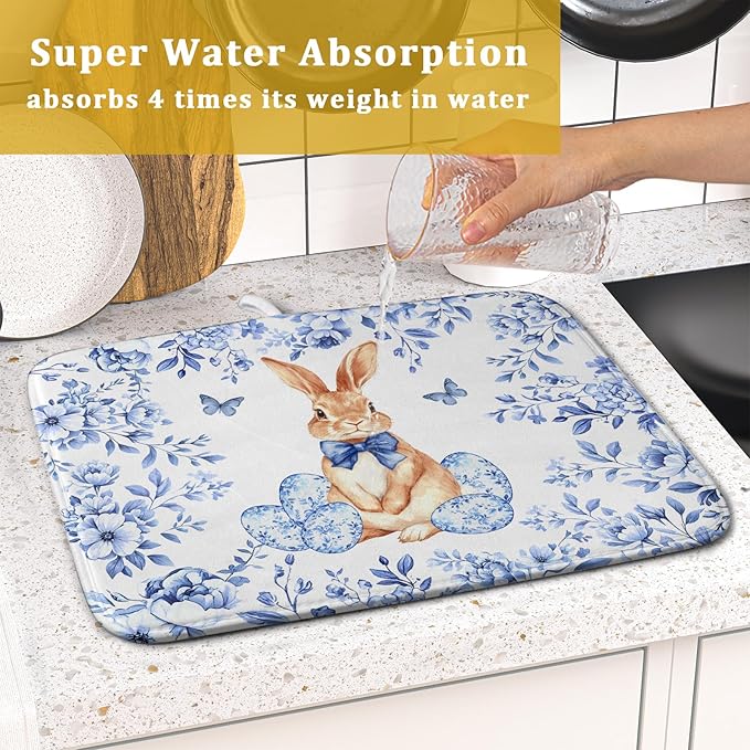 Vintage Microfiber Dish Drying Mat Blue Easter Floral Kitchen Drying Mats for Dishes 18 X 16 - Image 7