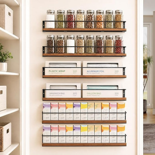 Spice Rack Self-Adhesive or drilling, Rustic Style Hanging Spice Rack, Spice Organization for Cabinet Door or Wall Mount, Over The Stove, Kitchen Wall, 6-Pack