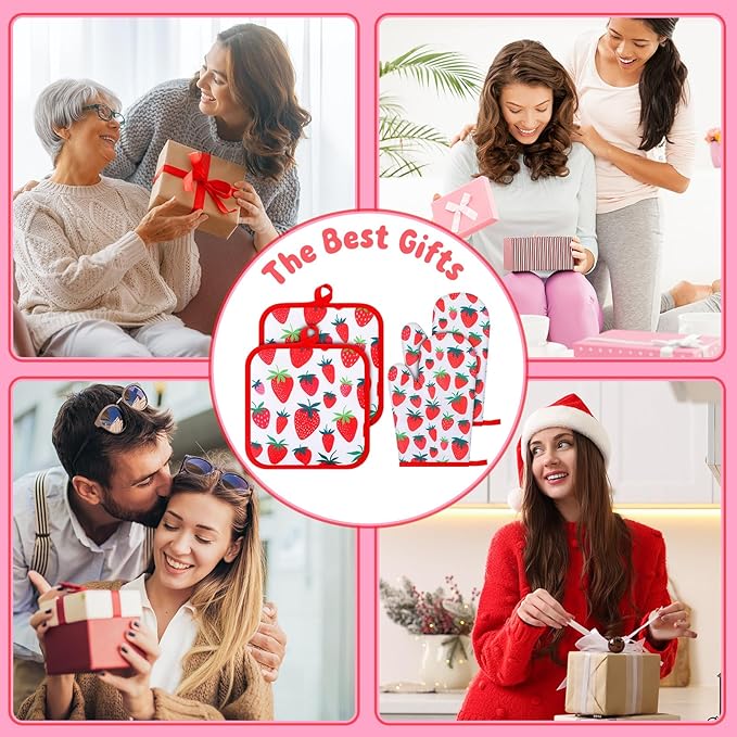 4 Pcs Oven Mitts and Pot Holders Cute Strawberry Oven Gloves and Pot Holders Non Slip Heat Resistant Ovens Mitts for Cooking Baking Accessories Fruit Themed Kitchen Linens, 6"x12" - Image 5