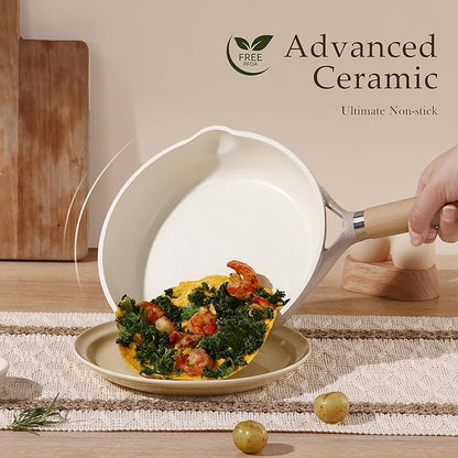 CAROTE 8" Ceramic Frying Pan with Lid, Non Stick Frying Pan Skillet Chef's Pan, Healthy & PFOA/PFAS Free, Induction-Compatible, Taupe - Image 3