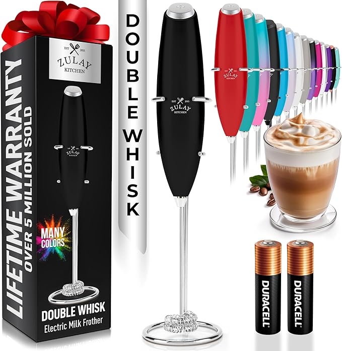 Zulay Kitchen Double Whisk Milk Frother with 2 Duracell Batteries - Powerful Handheld Foam Maker for Coffee, Lattes, Matcha, Hot Chocolate & Cappuccinos - Whip Creamy Froth in Seconds by ZulayKitchen