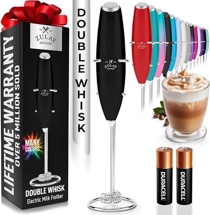 Zulay Kitchen Double Whisk Milk Frother with 2 Duracell Batteries - Powerful Handheld Foam Maker for Coffee, Lattes, Matcha, Hot Chocolate & Cappuccinos - Whip Creamy Froth in Seconds by ZulayKitchen