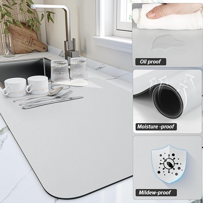 HotLive Dish Drying Mat for Kitchen Counter, Heat Resistant Drainer Mats with Non-slip Rubber Backed, Hide Stain Kitchen Super Absorbent Draining Mat, Easy to Clean Dish Rack Pad, Light Grey 18"x28" - Image 3