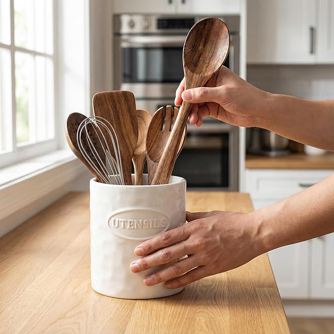 White Utensil Holder Set of 2 Ceramic Cooking Utensil Crock Modern Kitchen Utensil Organizer for Countertop Spatula Spoon and as a Decorative Vase for Housewarming Gift - Image 6