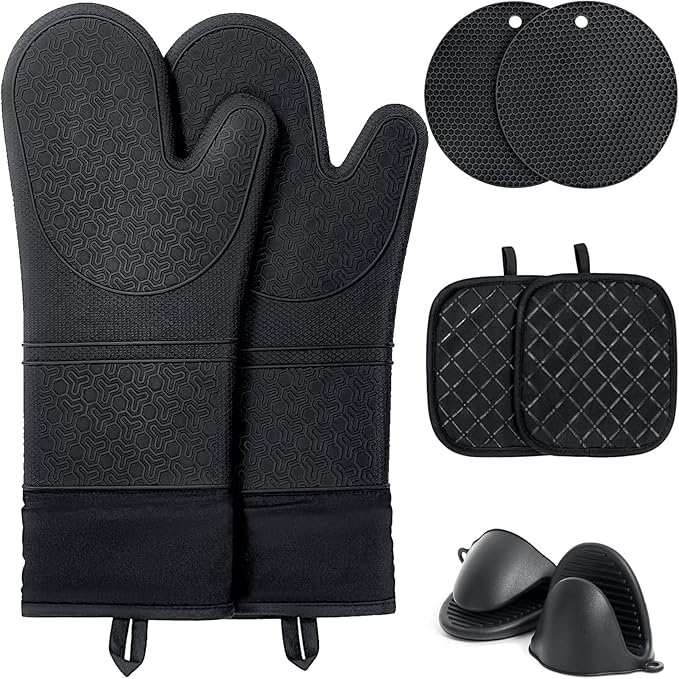 8PCS Oven Mitts and Pot Holders Sets - 480°F Heat Resistant Pot Holders and Oven Mitts, 14.5" Extra Long Silicone Oven Mitts for Cooking, Non-Slip Oven Mitt with Soft Cotton Lining, Black by Funnydin