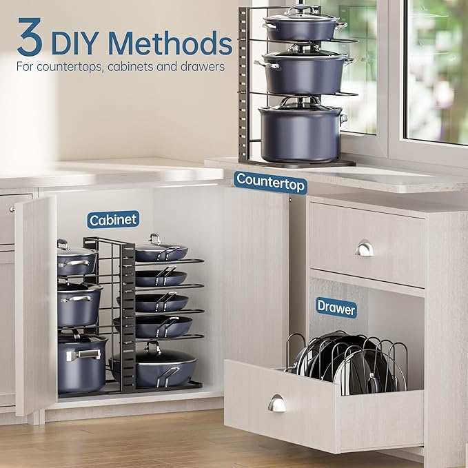 ORDORA Pots and Pans Organizer under Cabinet 14.55 Height, Adjustable 8-Tier Pot Organizers inside Cabinet, Kitchen Organizers and Storage Fit 6-11 inch Lightweight Cookware - Image 6