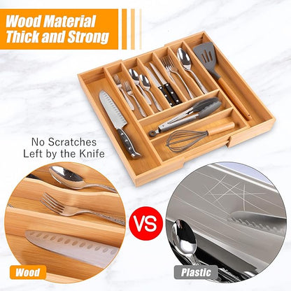 Bellsal Large Premium Bamboo Silverware Organizer - Expandable Utensil Drawer Organizer - 17"x19.6" Utensil Holder and Cutlery Tray with Grooved for Kitchen Flatware and Utensils Mother's Day Gift - Image 5
