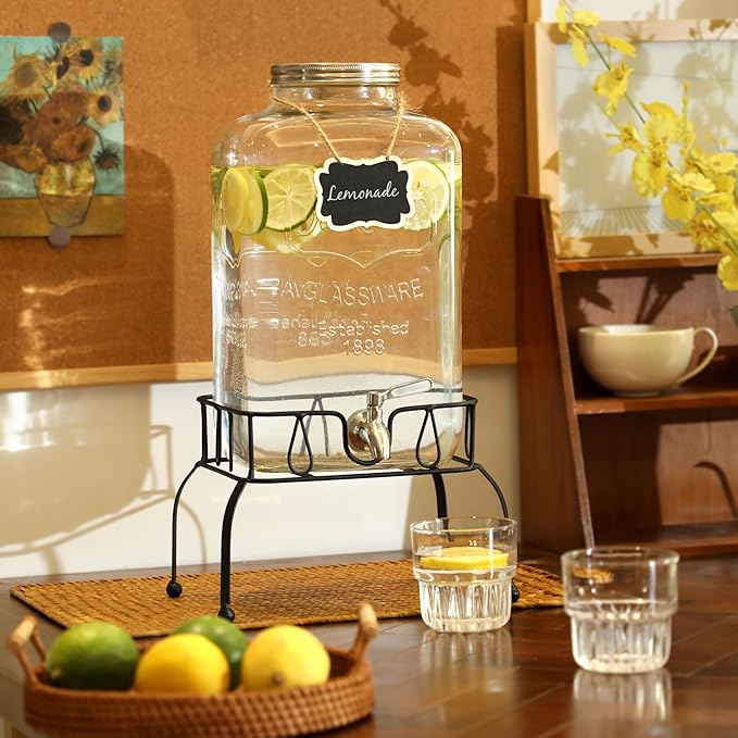 2 Gallon Glass Drink Dispenser with Stand, Stainless Steel Leakproof Spigot and Lid, Glass Drink Dispensers for Parties, Water Beverage Dispenser - Image 6