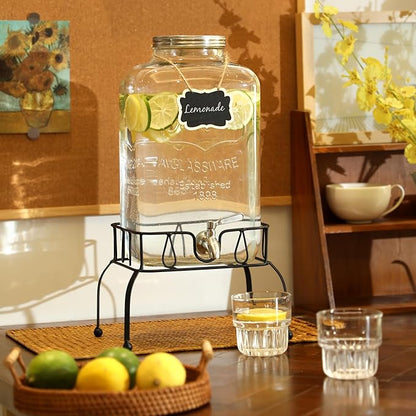 2 Gallon Glass Drink Dispenser with Stand, Stainless Steel Leakproof Spigot and Lid, Glass Drink Dispensers for Parties, Water Beverage Dispenser - Image 6