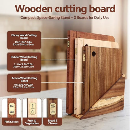 Book Cutting Board Set with Separated Stand, 3 Piece [Acacia/Ebony/Rubber] Wood Cutting Boards That Look Like Books for Kitchen Decor, Reversible Thick Chopping Board with Brass Food Labels - Image 2